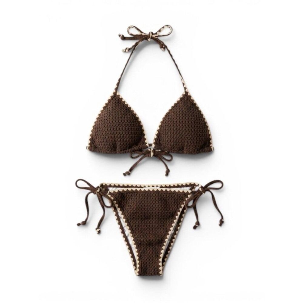 Brown Crochet Tie Bikini - Women's Two-Piece Swim Set